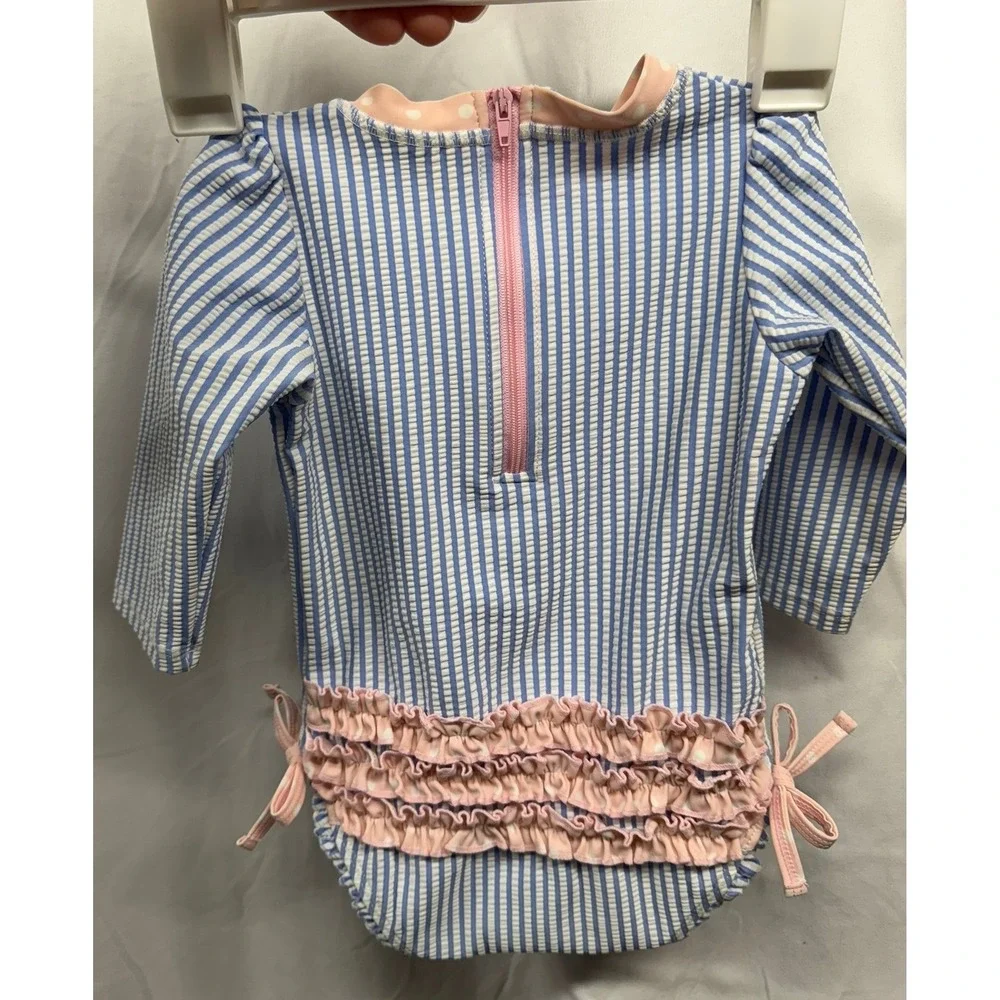 RuffleButts Baby Girls 6-12M Seersucker One-Piece Long Sleeve Rashguard Swimsuit